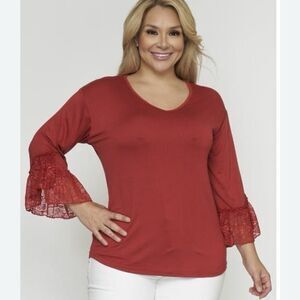 1X Womens Rust Red Tunic Top with Lace Accent Sleeves